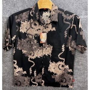 JNCO Jeans Dragon Print Button Up Shirt Mens L Black White Short Sleeve NWT